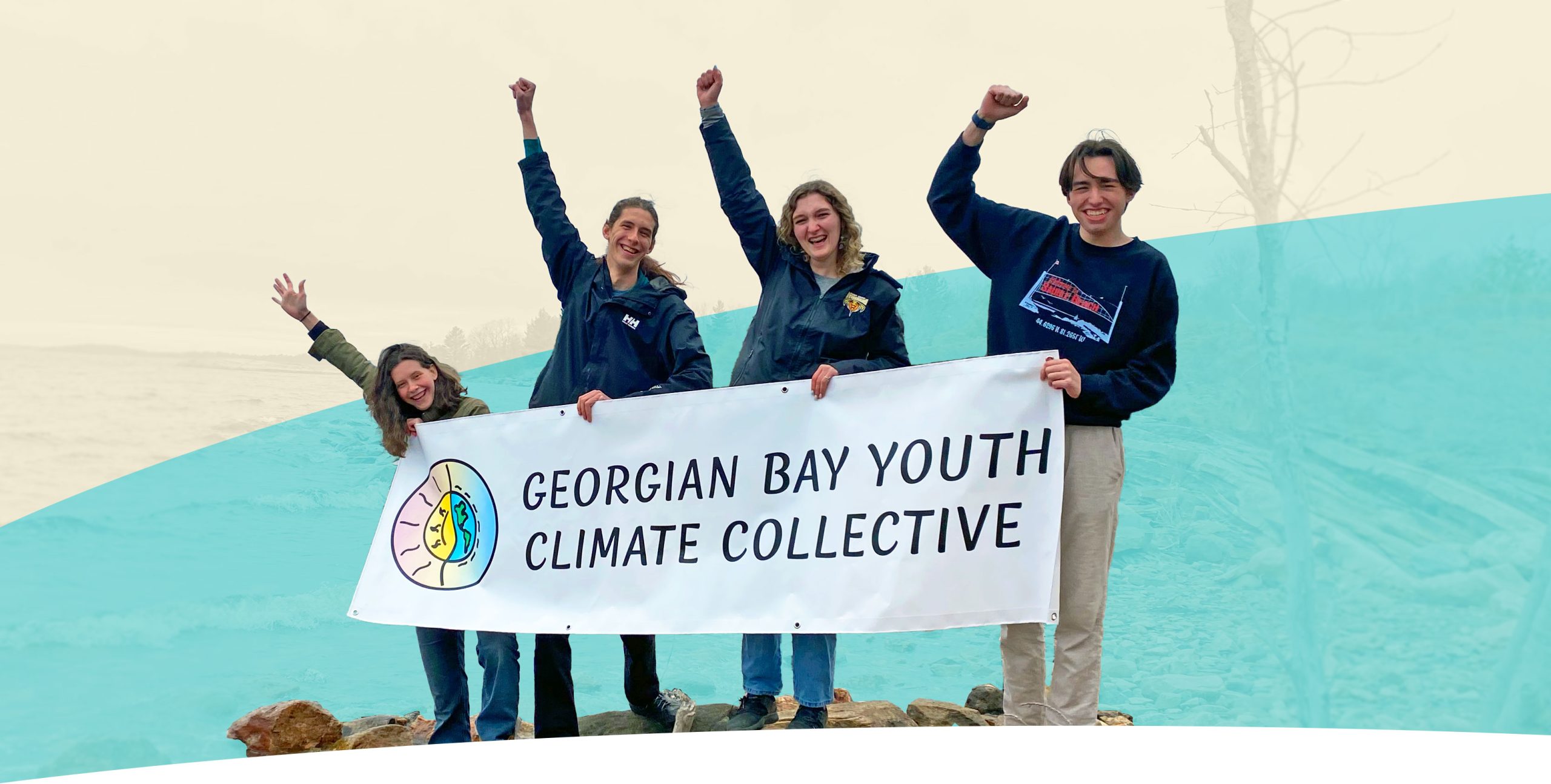 Multiple excited teenagers holding a banner that reads "Georgian Bay Youth Climate Collective"